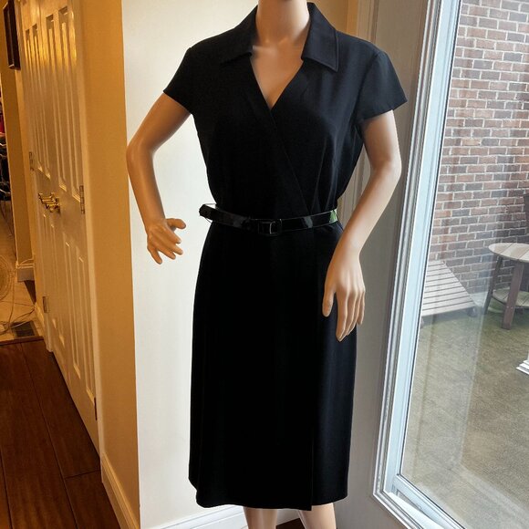 Tahari by ASL Dress Black Knee Length Dress Belt V Neck Collar NWOT Size 10 - Picture 1 of 14